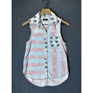 BDG Sleeveless‎ Denim Shirt Womens XS Blue Red American Flag Stars Stripes Vest